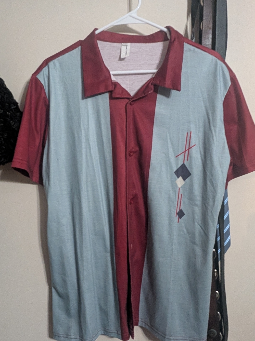 Two-Tone Short-Sleeve Button-Down Shirt — Maroon and Light Blue